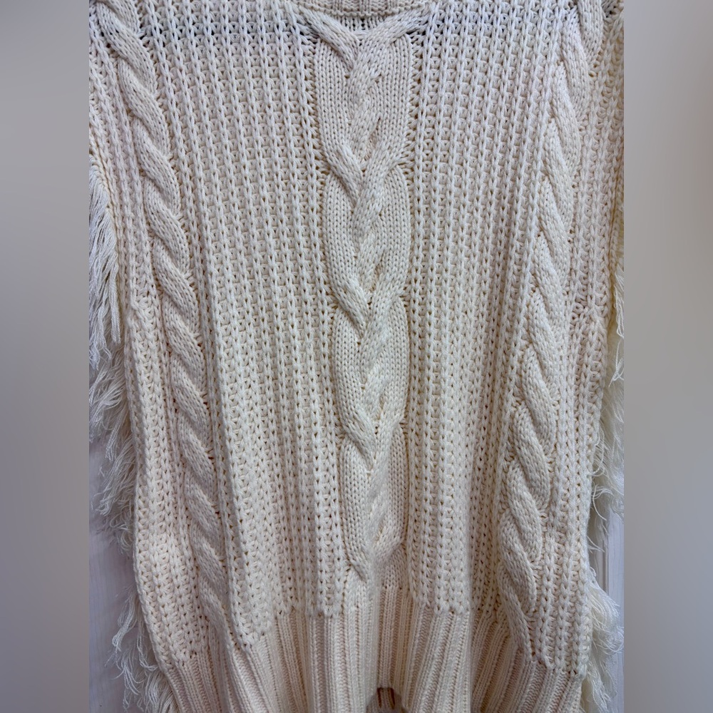 SAGE THE LABEL Fringed Cable-Knit Turtleneck Sweater in Ivory/Cream - Picture 8 of 16
